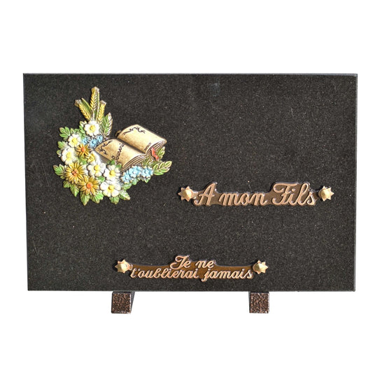Plaque funéraire livre et bronze couleurs