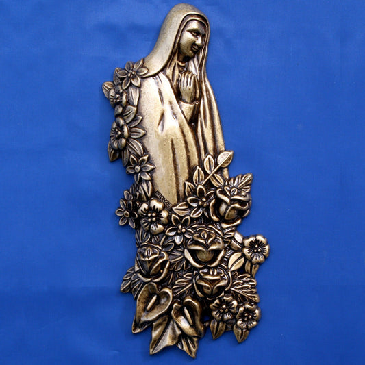 Bronze funéraire Lyon Vierge et fleurs