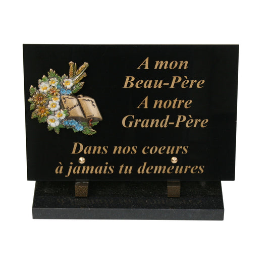 Plaque funéraire couleurs gravée or