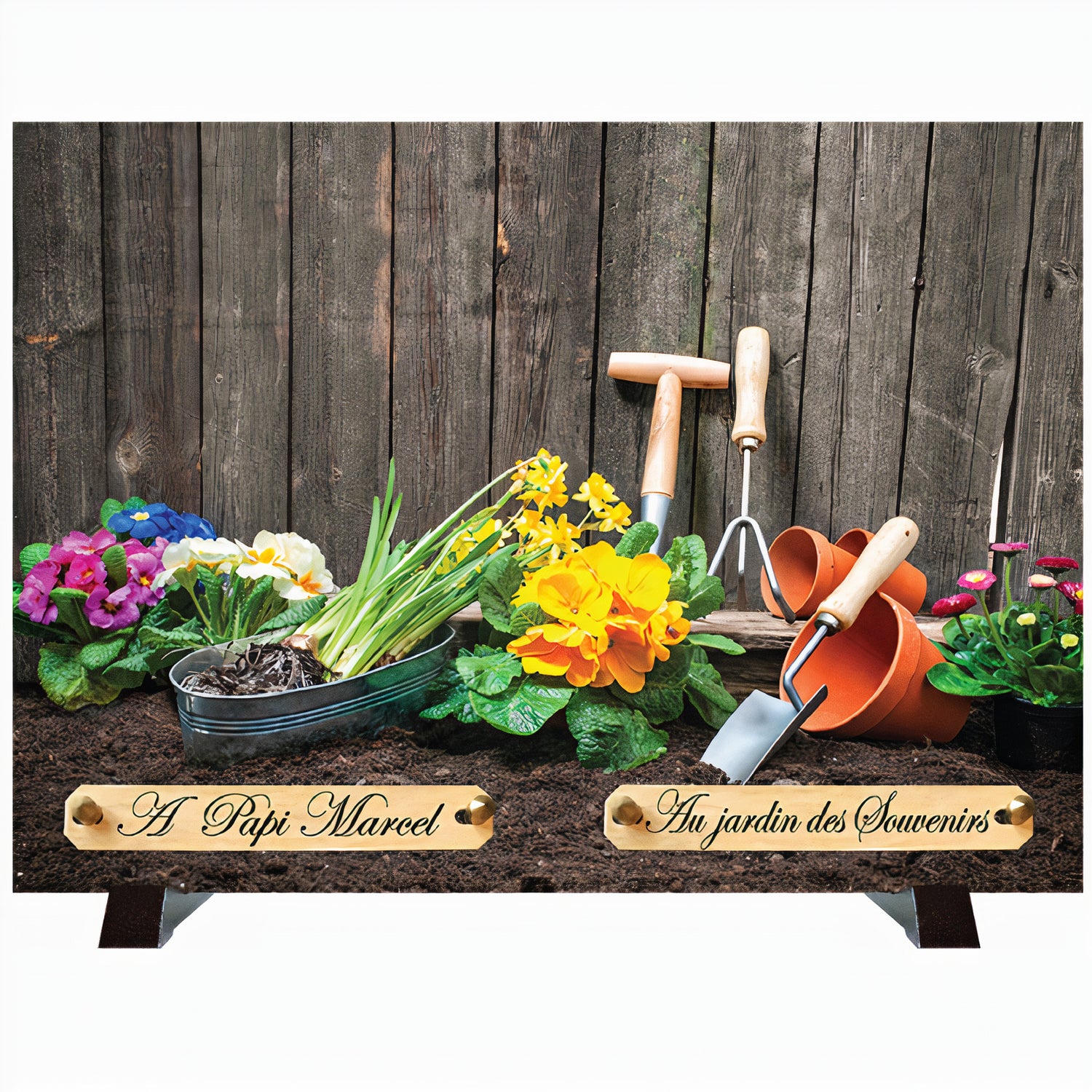 Plaque funéraire Outils de jardinage – Deuil fleuri