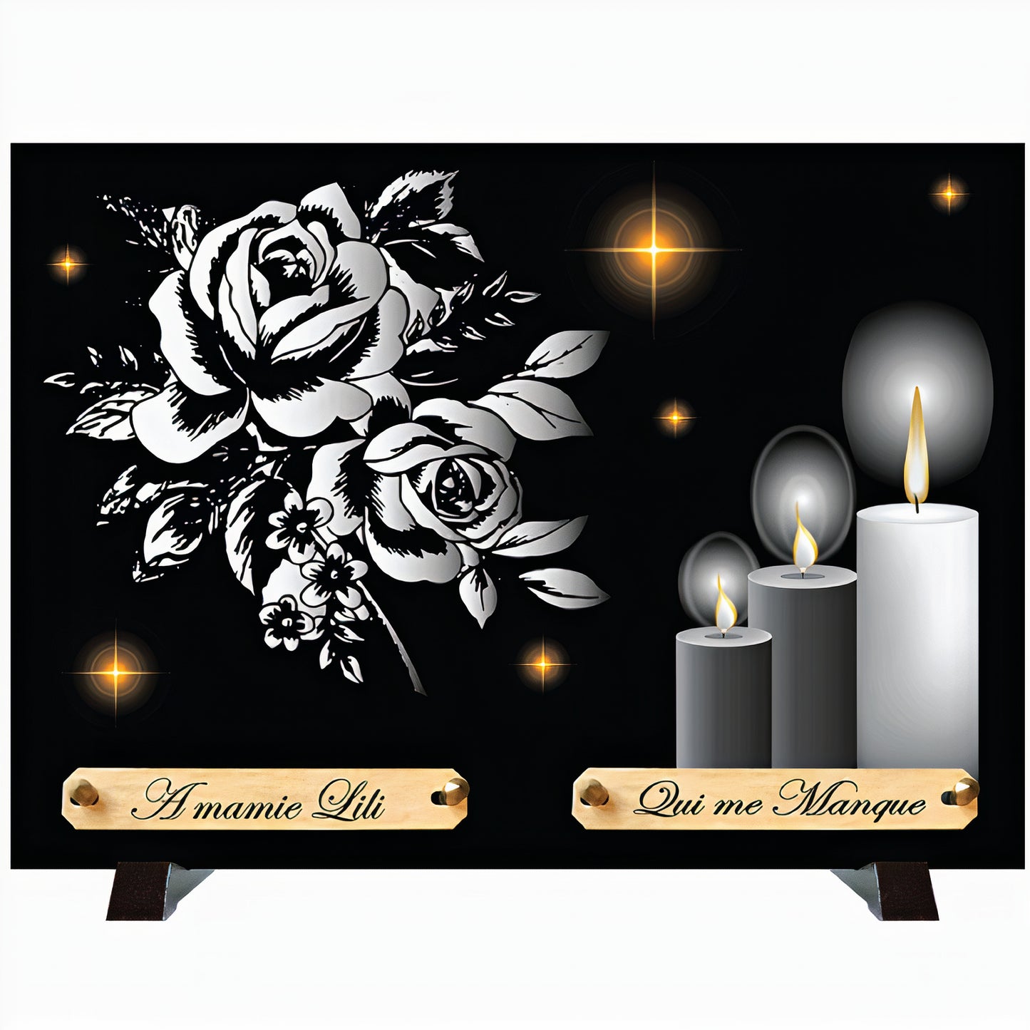 Plaque monochrome Roses & Bougies – Deuil fleuri